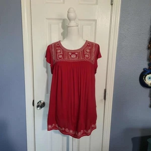 Faded Glory Women Size M (8-10) Red Embroidered Texas Tunic Top Mexican Floral - Picture 1 of 6