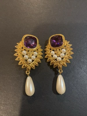 Shaill Jhaveri For Avon Purple Crystal Faux Pearl  Dangle Clip Earrings - Image 1 of 4