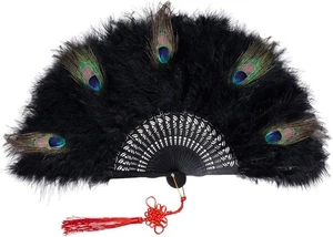 Yolyoo Vintage Marabou Feather Hand Fan Peacock Folding Handheld Black - Picture 1 of 6