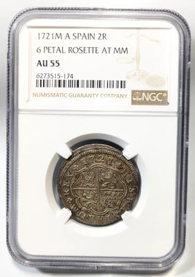 1721 M A Spain 2R Two Reales NGC AU55 6 Petal Rosette at MM Silver Philip V Coin - Image 1 of 4