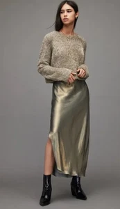 Allsaints Rosetta 2-in-1 Tinsel Dress - Size Large - Gold/Khaki BNWT £219 - Picture 1 of 24