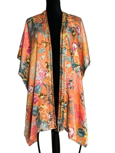 Chico's Coral Seashell Print Kimono Top Women's Size S/M Coverup Beaded Open - Picture 1 of 10