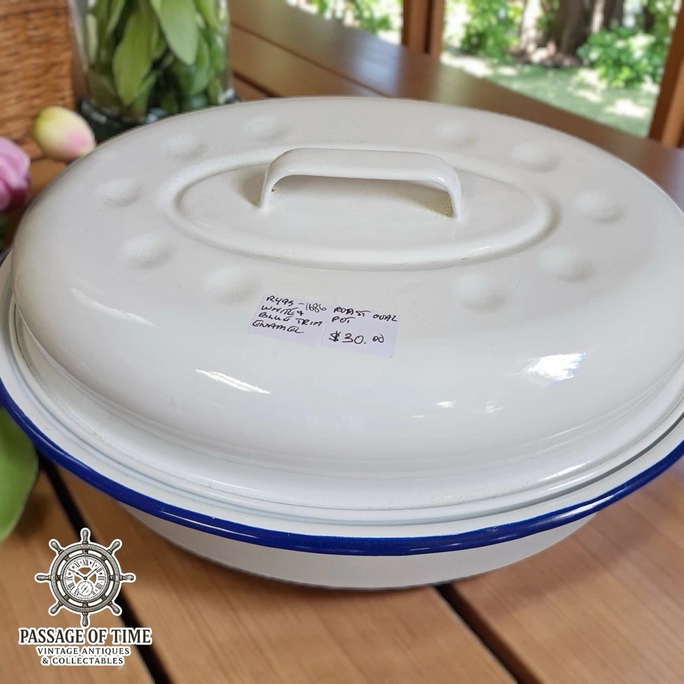 Винтажный белый и синий отделки эмали большого размера овальный горшок для жарки - Изображение 1 из 1