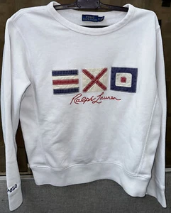 Polo Ralph Lauren Girl’s Patchwork Logo Crewneck Vintage Sweatshirt White Size M - Picture 1 of 6
