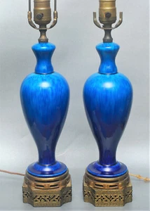 VINTAGE PAIR 2 1930'S PAUL MILET SEVRES FRANCE SIGNED BLUE VASE LAMP FLAMBE - Picture 1 of 10
