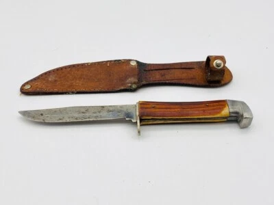 Cuchillo de hoja fija de 4" de colección de 7-1/2" hecho en Japón con clip IIC mango de cuerno trasero Foto 1 de 4