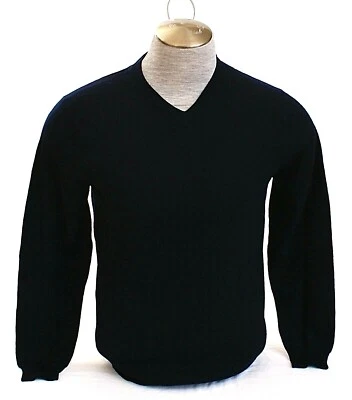 Suéter tejido de lana merino con cuello en V azul oscuro Garret Scott para hombre nuevo con etiquetas Foto 1 de 4