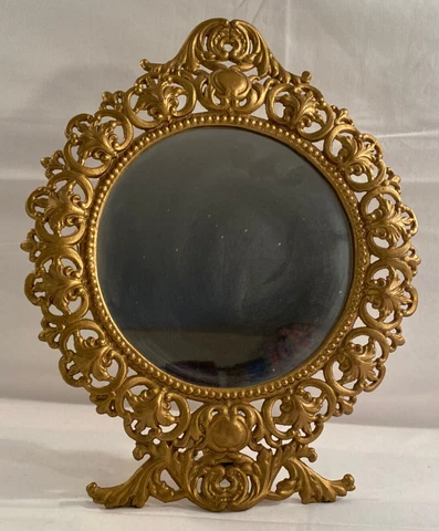 Vintage Round Ornate Gold Cast Iron Standing Mirror JM29 Cover