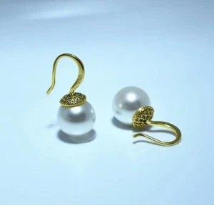 NP Shell Pearl White 12mm Hook Earring 925 Silver 14k Yellow Gold Plated - Picture 1 of 6