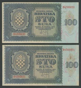 🔴CROACIA 100 Kuna 1941 XF/AU P2a Segunda Guerra Mundial USTASA Par con serie consecutiva # 🔴 - Imagen 1 de 2