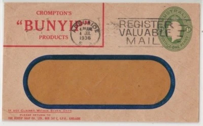 Stamp 1d green KGV embossed pre-printed cover Crompton's Bunyip Adelaide S.A - Image 1 of 2
