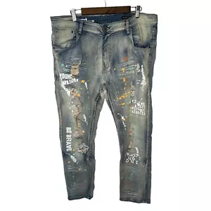 Pantalones de mezclilla con remaches de cobre para hombre 40x 32 ajustados graffiti pintura envejecida salpicaduras lavado ácido - Imagen 1 de 16