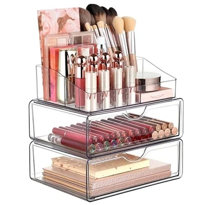 Organizador de Maquillaje Transparente de 3 Niveles con Cajón, Almacenamiento de Cosméticos Portátil para Tocador Foto 1 de 4