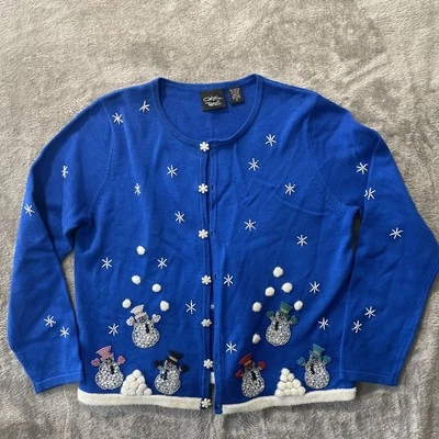 Suéter Cárdigan Christina Rotelli Azul Navidad Talla Pequeña Estrás Muñecos de Nieve Foto 1 de 4