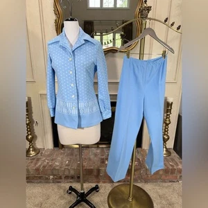 Vintage 70er Bodin Strick Blau Mod Hosenanzug Set Oberteil Hose Geometrisch M Disco - Bild 1 von 10