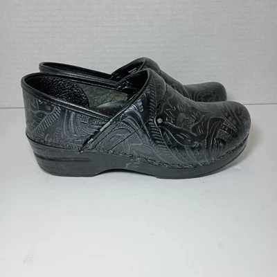 Dansko Professional Black Paisley Tooled Leather Clogs Size EUR 38 US 7-7.5 - Image 1 of 4