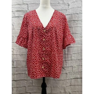 Shein Curve Red White Floral Ladies Blouse Size 1 XL Short Sleeve V-Neck Button - Image 1 of 4