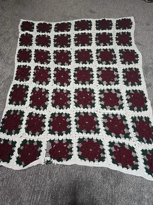 Manta Afgana Crochet Vintage 3D Rosa Abuela Cuadrada Roja 58" x 64" Foto 1 de 3