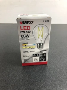 Satco S12415 Vintage 8W Dimmable A19 E26 LED Bulb - 800L 3000K 90CRI - Picture 1 of 2