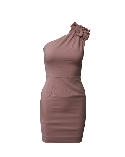 Abito midi Valentino monospalla impreziosito da rosa in lana rosa chiaro