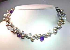 #2249 ERICA ZAP 19" SILVER SPIRAL NECK;LACE W/GREY PEALS, FACETED AMETHYSTS - Picture 1 of 8