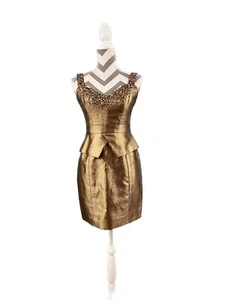 Theia Gold Metallic Peplum Dress - Size XS - Picture 1 of 8