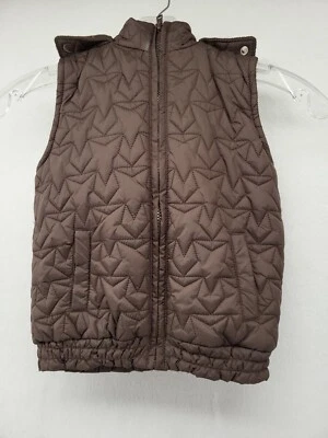 GYMBOREE GIRLS VEST BROWN SMALL S 5-6 FAUX FUR HOOD SLEEVELESS FULL ZIP QUILTED - Image 1 of 4