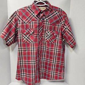 Wrangler Wrancher Western Pearl Snap Shirt Men Large Red Short Sleeve Metallic - Picture 1 of 16