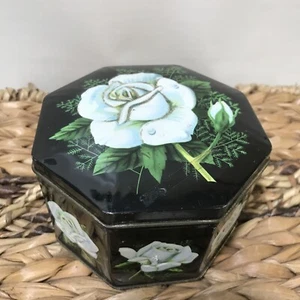 VINTAGE~Hexagon Tin/Made In England/Floral Motif Black White Green 5” W 3”Tall - Picture 1 of 7