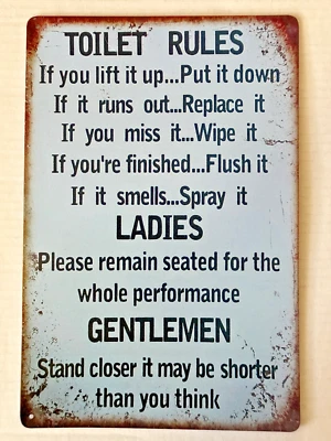 Letrero de metal rústico azul de reglas de inodoro para damas y caballeros 12" X 8" Foto 1 de 4