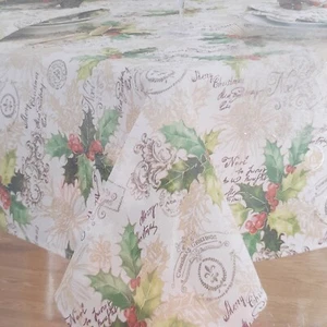 Damask Fabric Tablecloth Holiday Holly Leaves Berries 60x102 A Merry Christmas - Picture 1 of 3