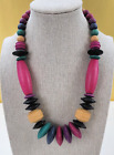 Vintage Colorful Wooden Beaded Necklace 18 in Silver-Tone Spring Ring