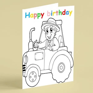 Colouring card with boy driving tractor - boy son grandson brother friend family - Picture 1 of 1