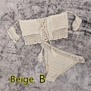 Boho Elastic Waistband Tassels Cover UP Top Cheeky Bottom Crochet Bikini Set - Picture 1 of 12