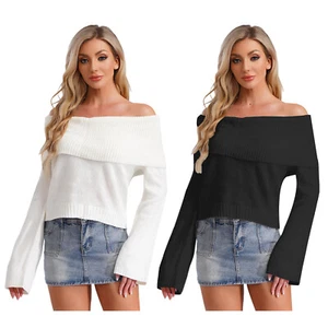 Womens Knitted Long Sleeve Off Shoulder Tops Y2K Tee Tops Pullover Sweater - Picture 1 of 29