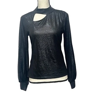 Halogen Women’s Metallic Cutout Mock Neck Top in Rich Black, Sz. S - Picture 1 of 12