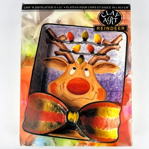 Clay Art Reindeer Chip Dip Platter 15 x 11 Hand Painted Christmas Serving Tray - Picture 1 of 15