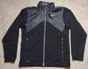Nike Windbreaker Jacket Men's Medium Black Gray Full Zip Packable Hood Dri Fit - Picture 1 of 10