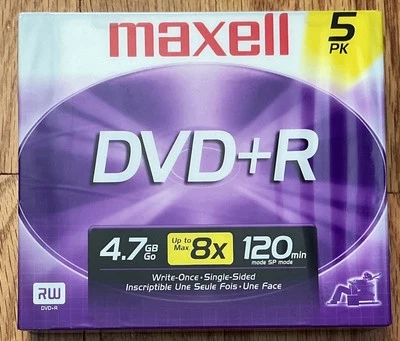 Maxell DVD+R • 4.7 GB 8X 120 min Discs • Jewel Cases 5 Pack • New and Sealed - Image 1 of 3
