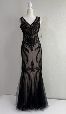 Cachet Black Nude Mesh Embroidered Mermaid Evening Gown Dress Size 6 - Image 1 of 4