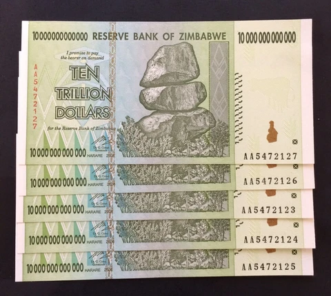 Five $10 Trillion Zimbabwe Dollars: (5 x $10 Trillion UNC) - 2008, AA Cover