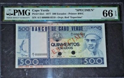 1977 Cape Verde 500 Escudos PMG66 EPQ "SPECIMEN" <P-55s1> GEM UNC  - Image 1 of 2