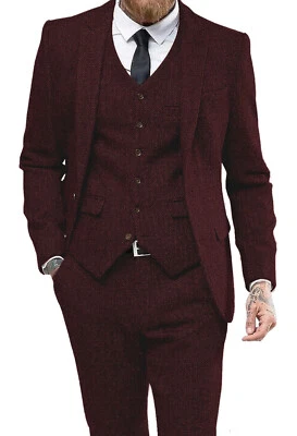 Business Men Suits Wool Blend Regular Fit Formal Prom Tweed Notch Lapel Custom - Image 1 of 4