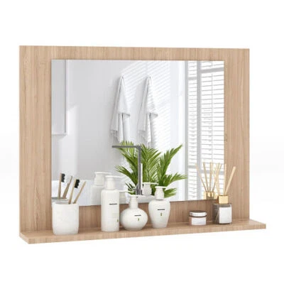 Rectangle Bathroom Mirror with Shelf 23.5 x 17.5 Inch and Wood Frame-Brown - Col - Image 1 of 2