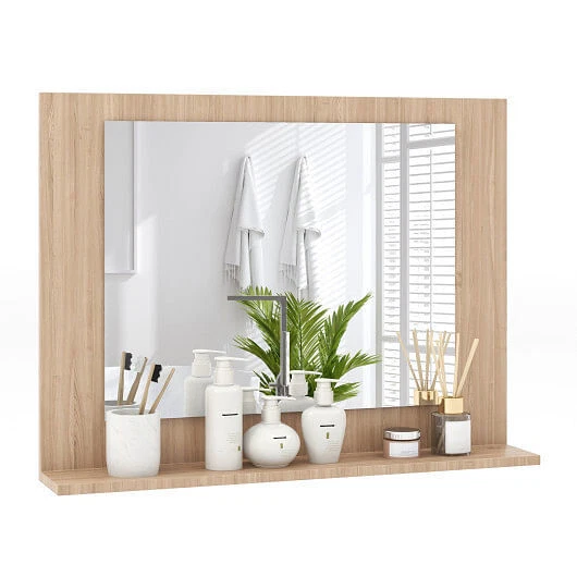 Rectangle Bathroom Mirror with Shelf 23.5 x 17.5 Inch and Wood Frame-Brown - Col - Image 1 of 2