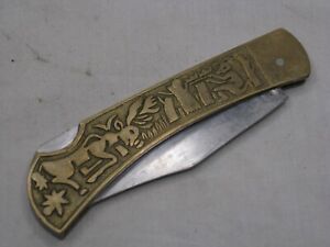 vintage folding knife detailed engraved brass handle Pakistan lock-back single