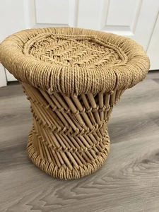 Midcentury pencil reed bamboo geometric woven grass top stand stool ~12 in - Picture 1 of 6