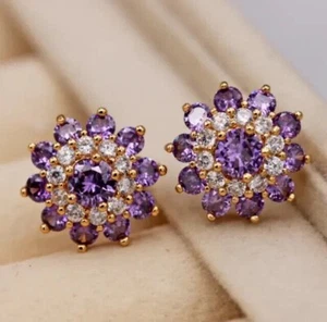 2 CT Round Cut Lab Created Amethyst Women's Stud Earrings 14K Yellow Gold Plated - Picture 1 of 3