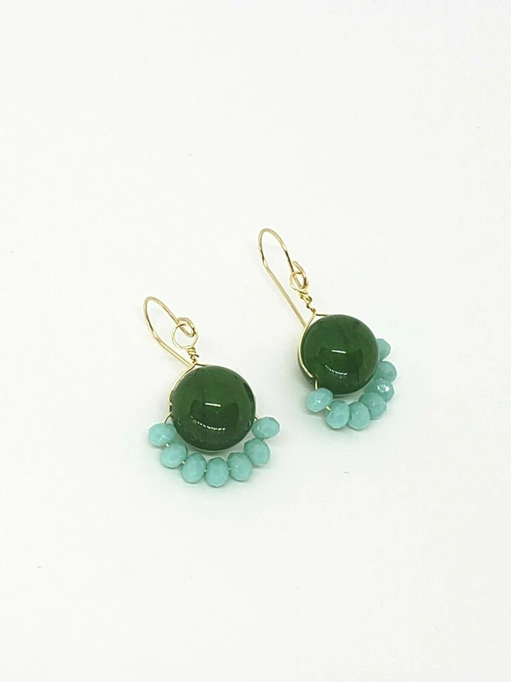 Pendientes colgantes colgantes de oro amarillo de 14k de jade verde genuino con racimo de cristal checo Foto 1 de 1