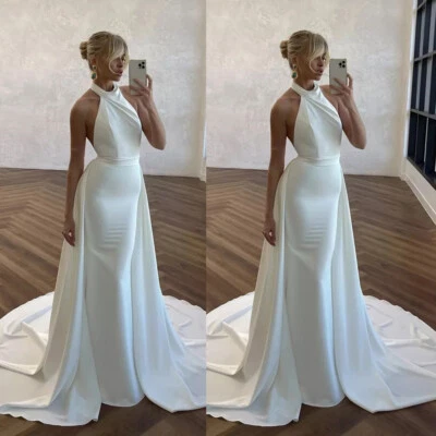 Halter Neck Wedding Dress with Detachable Train Mermaid Satin Corset Bridal Gown - Image 1 of 4